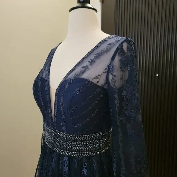 Mac Duggal 66591 Navy Blue 2 Long Sleeve Formal Embroidered Maxi Gown Dress - Picture 9 of 15